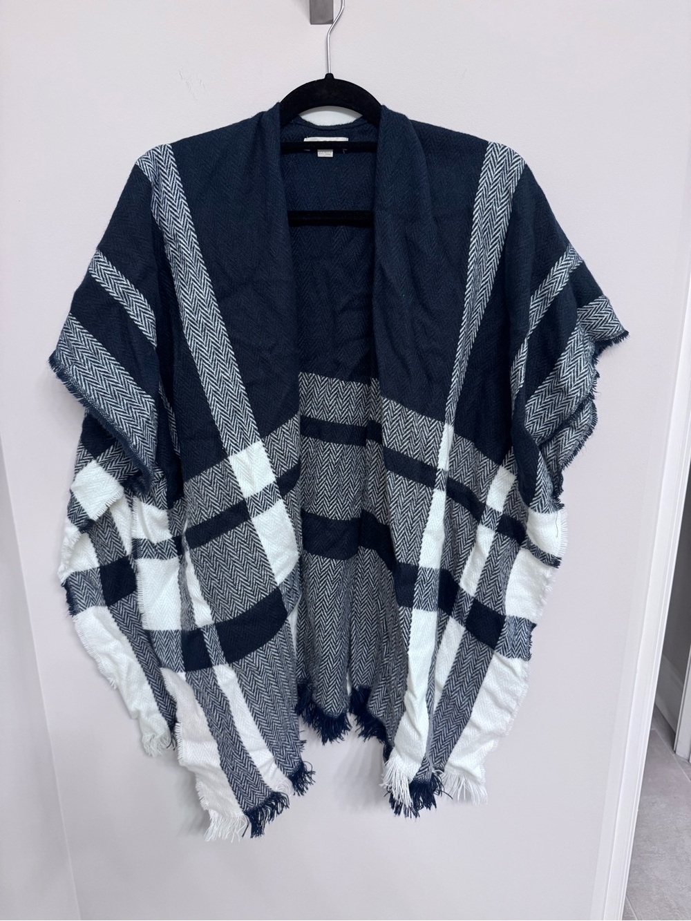 LOFT Navy and White Plaid Open-Front Poncho Wrap